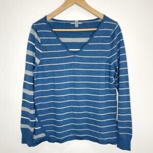 Smartwool Split Stripe Sweater Womens Medium Blue Merino Wool V Neck